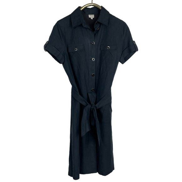ARMANI COLLEZIONI LINEN BUTTON DOWN BELTED SAFARI STYLE BLACK SHIRT DRESS - Picture 3 of 15